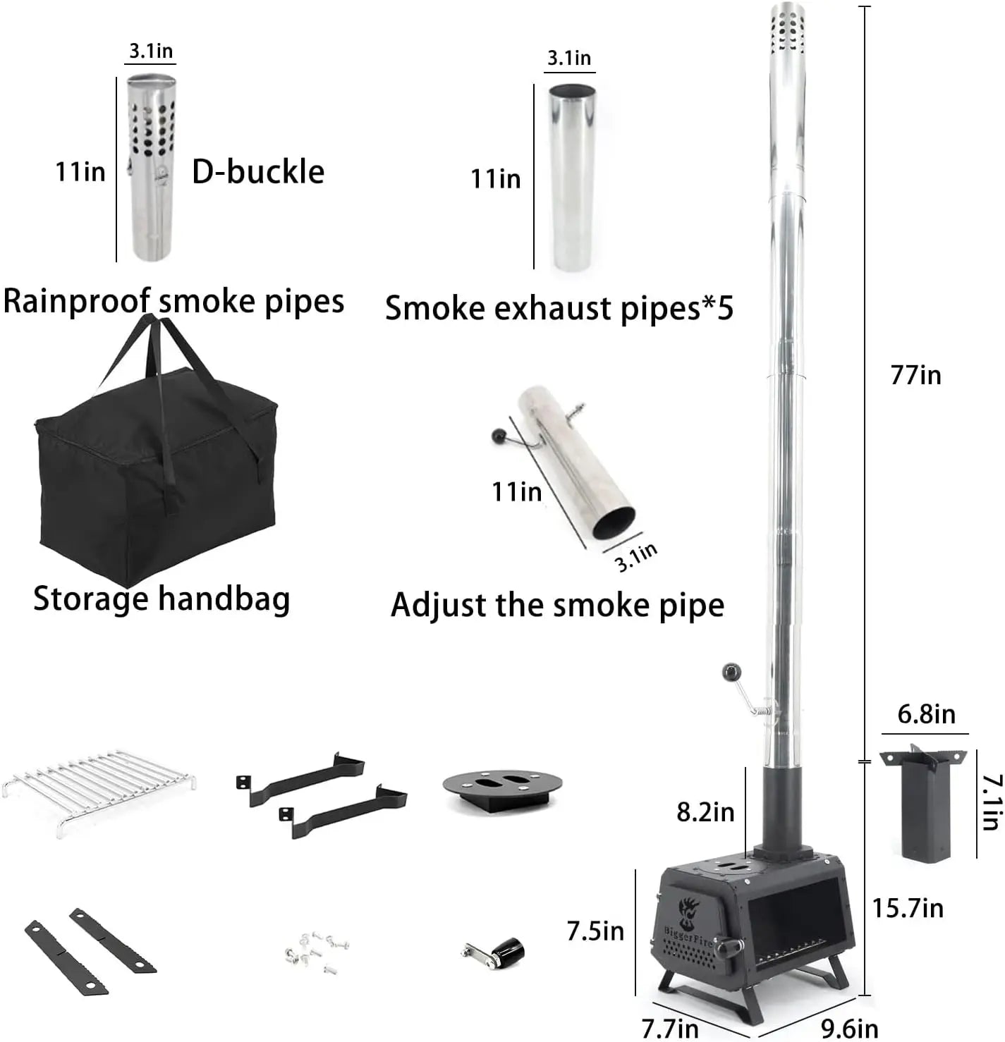 Wood Burning Tent Stove with 7 Sectional Chimney Pipes