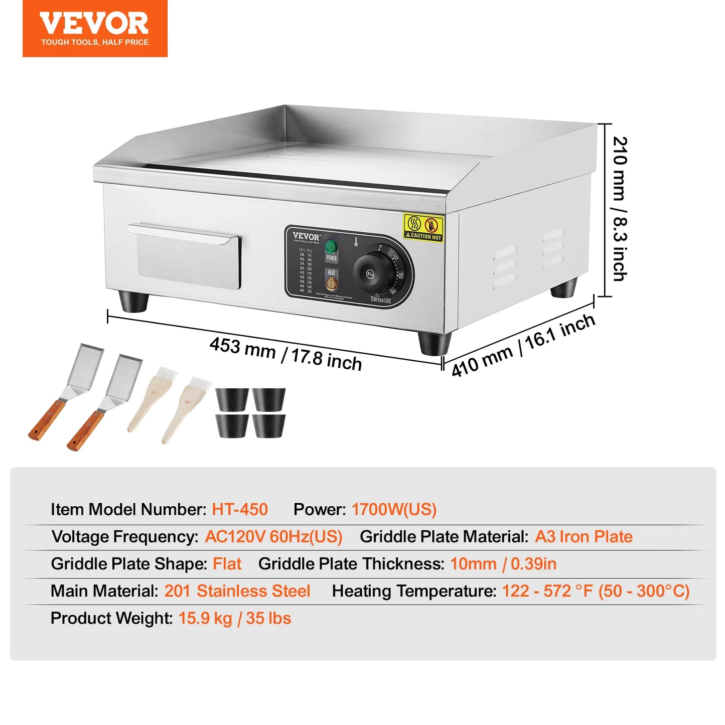 1700W Countertop Flat Top Grill Stainless Steel