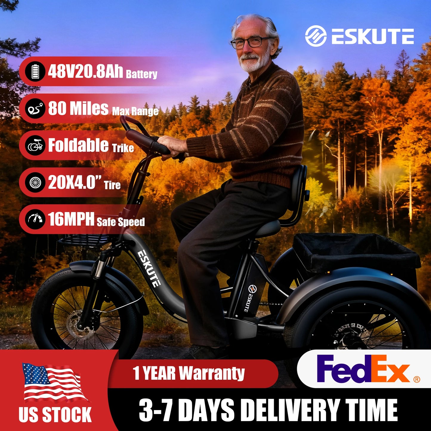 Electric Trike for Adults, 998.4Wh Battery, 1200W Peak Motor,