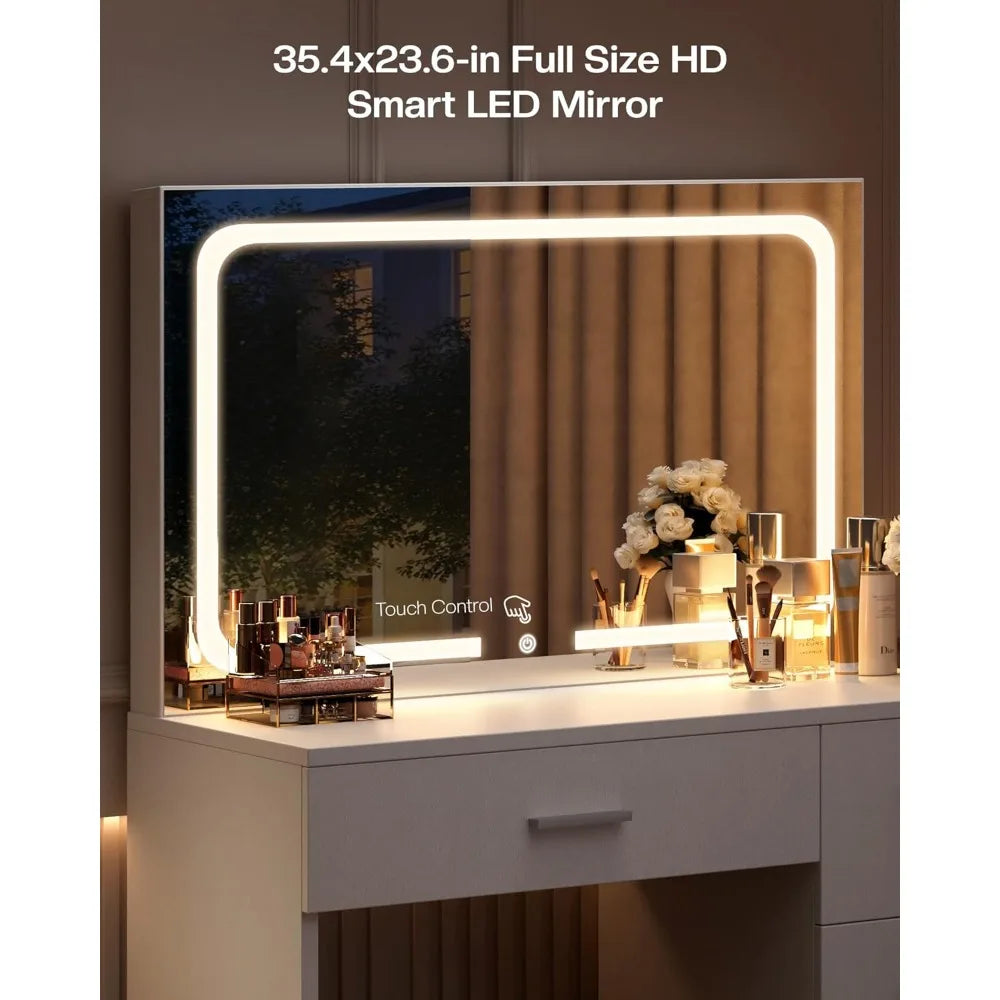 Makeup Vanity Desk with Charging Station & LED Mirror