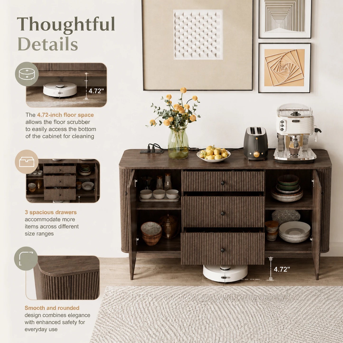 Fluted Buffet Sideboard Cabinet 70 Inch