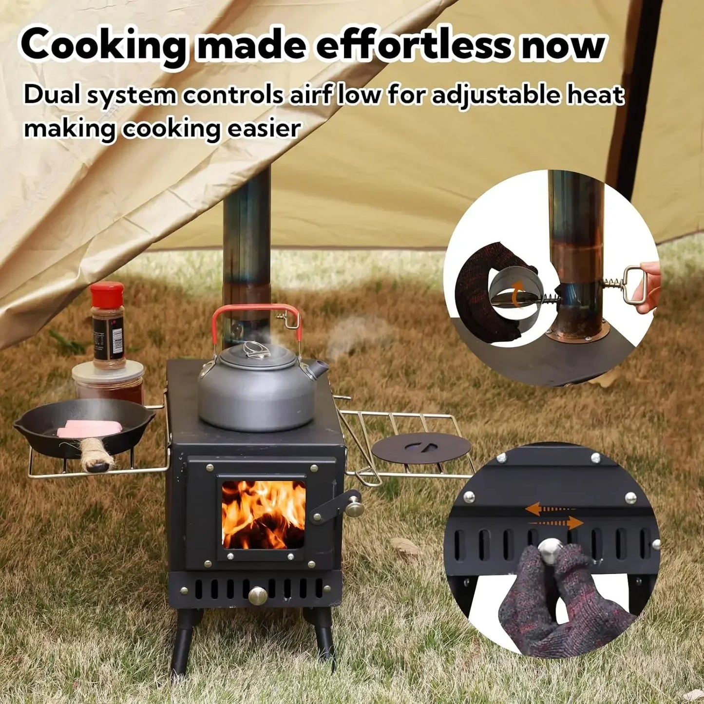 Portable Folding Wood Burning Camping Stove - Includes Chimney Pipes and Spark Arrestor