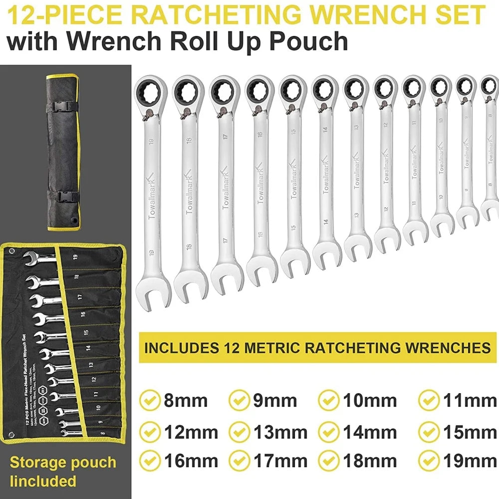 12pcs Combination Ratcheting Wrench Set, Metric