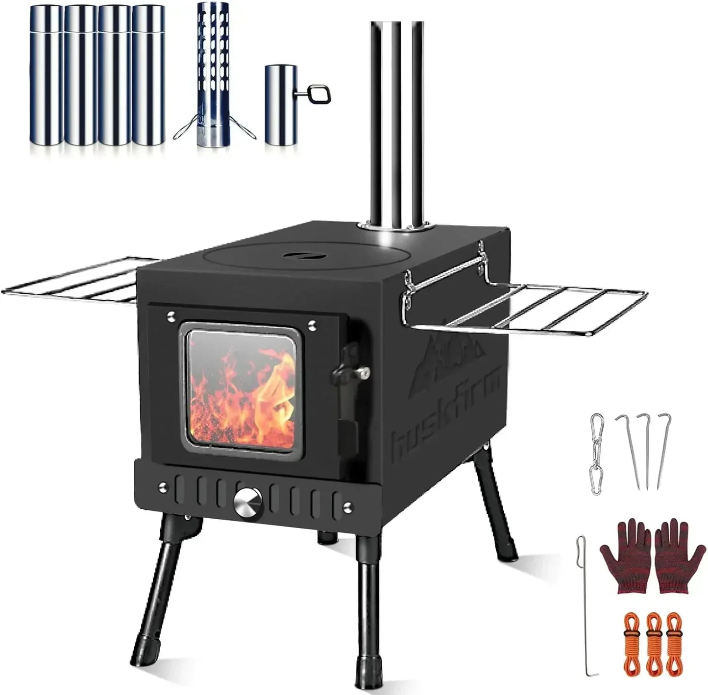 Portable Folding Wood Burning Camping Stove - Includes Chimney Pipes and Spark Arrestor