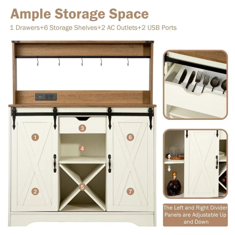 Farmhouse Coffee Bar Cabinet with Charging Station and USB Ports