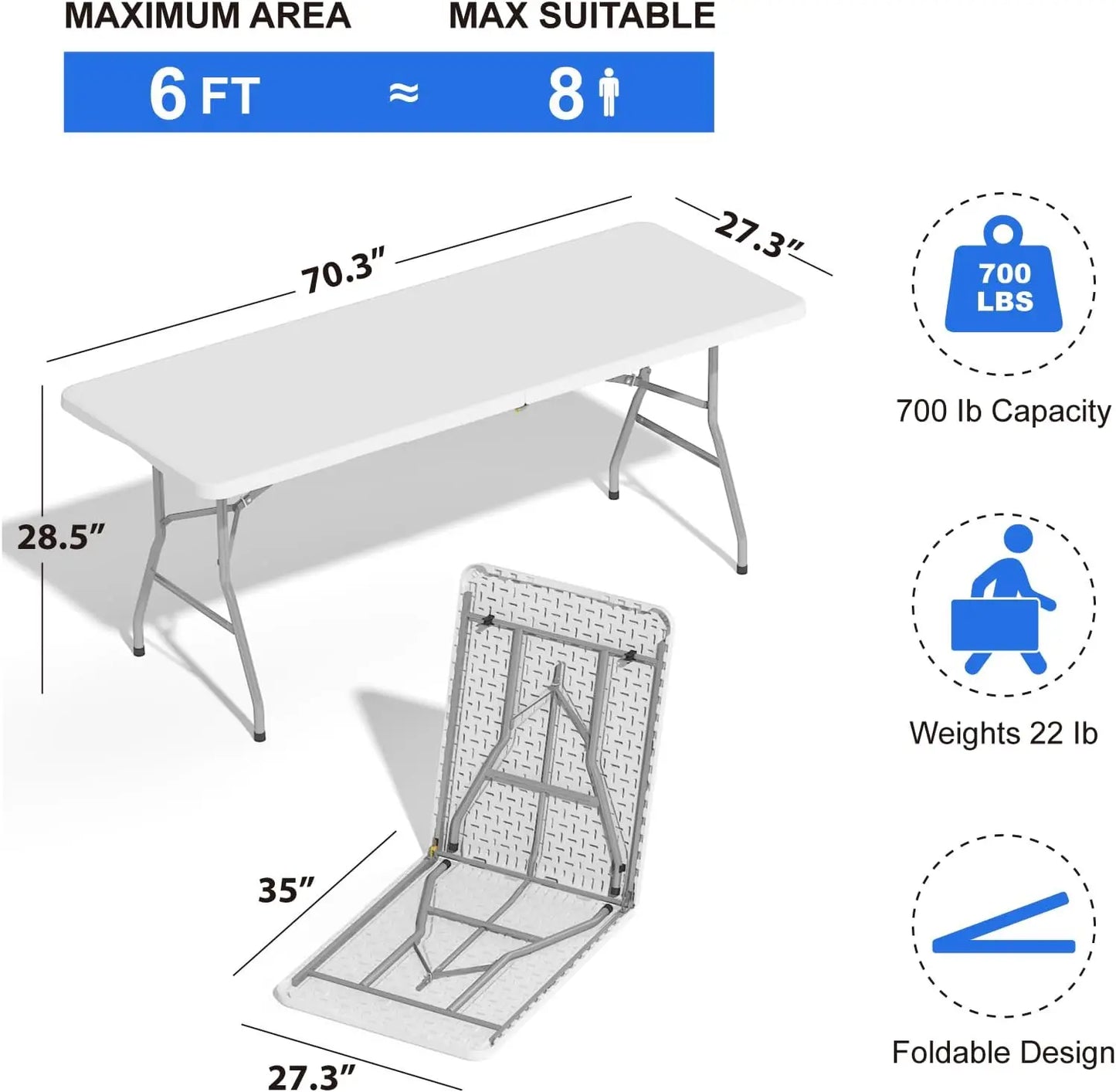 2 Pack Foldable Table 6ft, Plastic