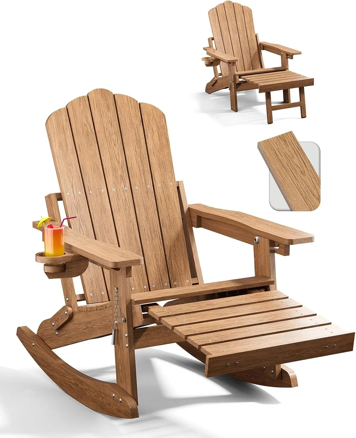 Adirondack Rocking Chairs with Retractable Ottoman & Cup Holders
