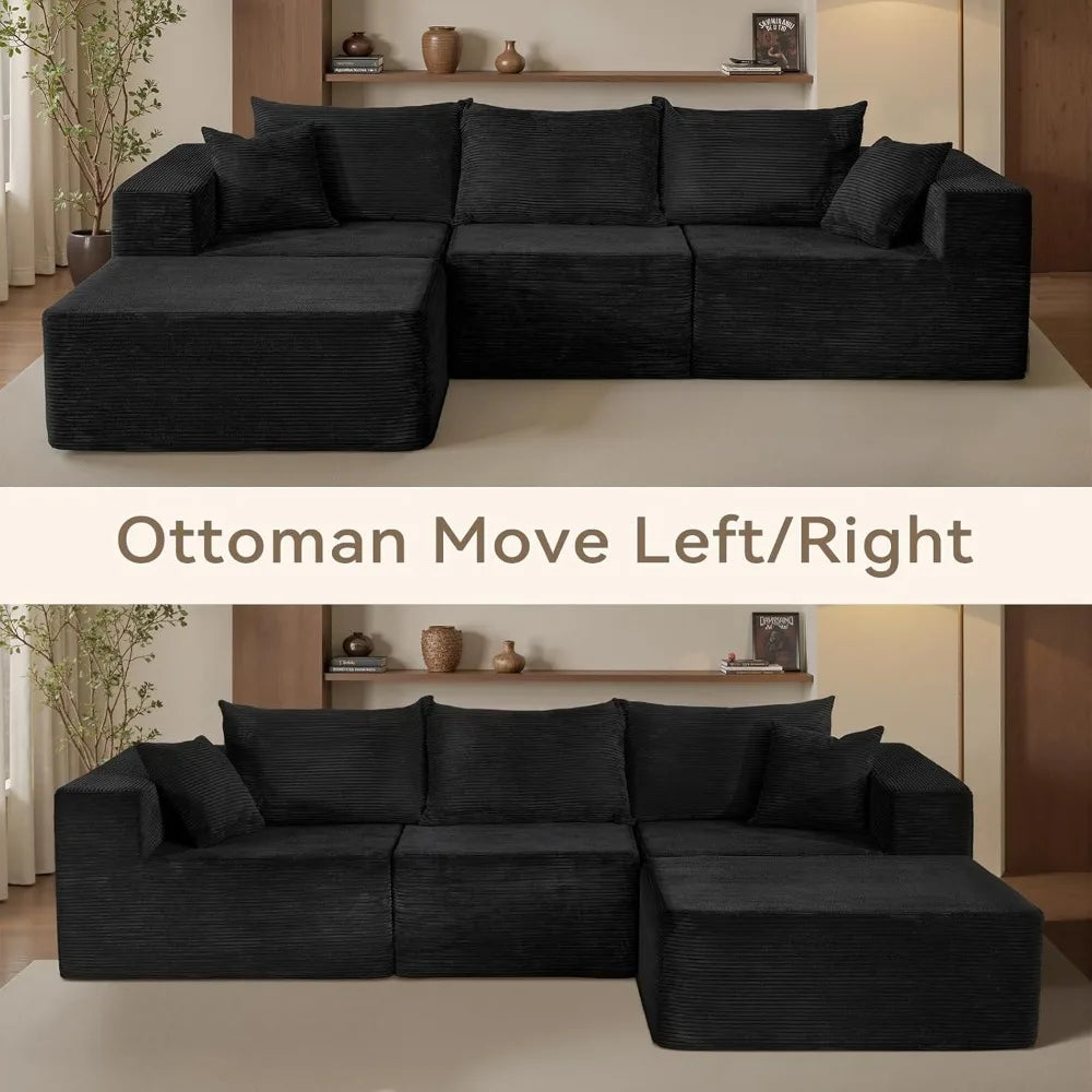 109" Modular Black Corduroy Sofa with Side Pocket – Space-Saving Sectional Couch for Living Room or Apartment