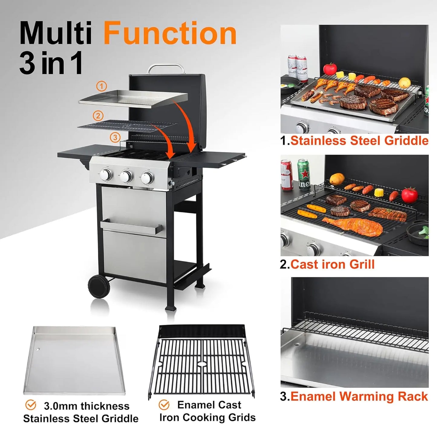 3-Burner Flat Top Propane Gas Grill