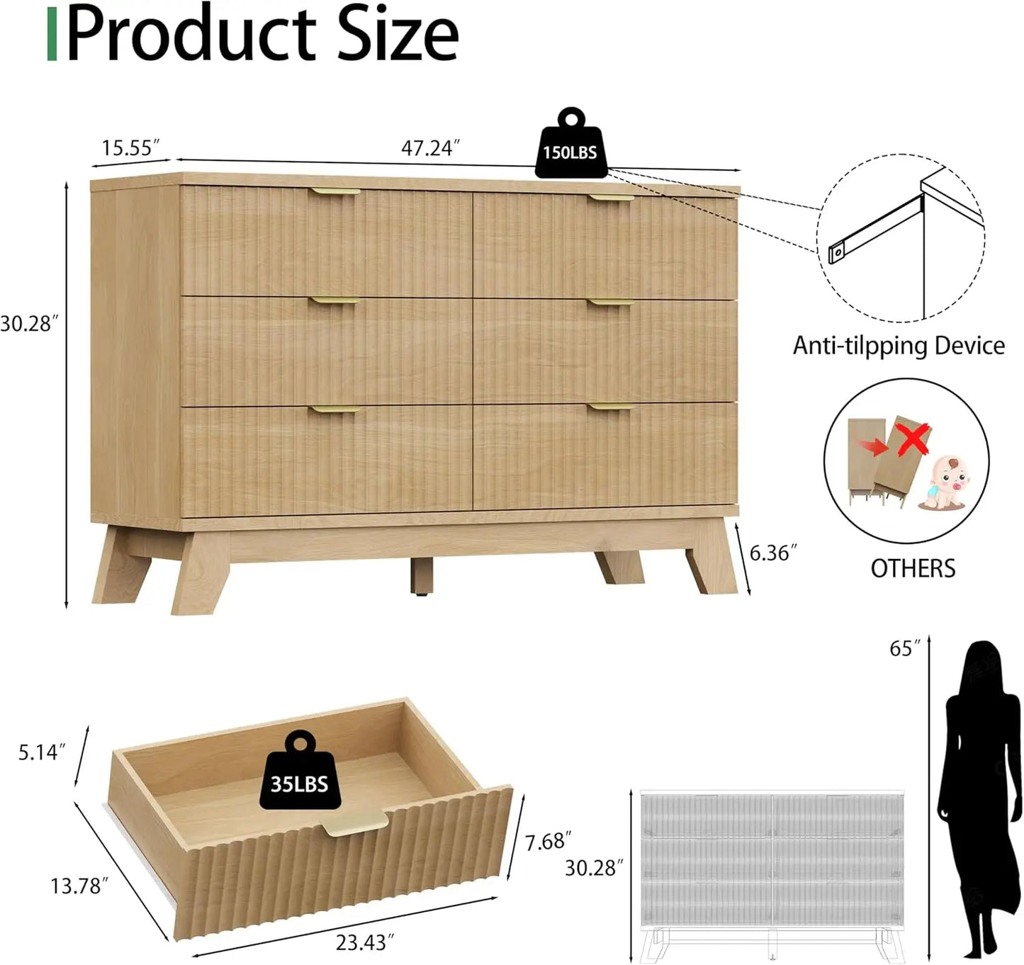 Fluted Dresser with 6 Drawers