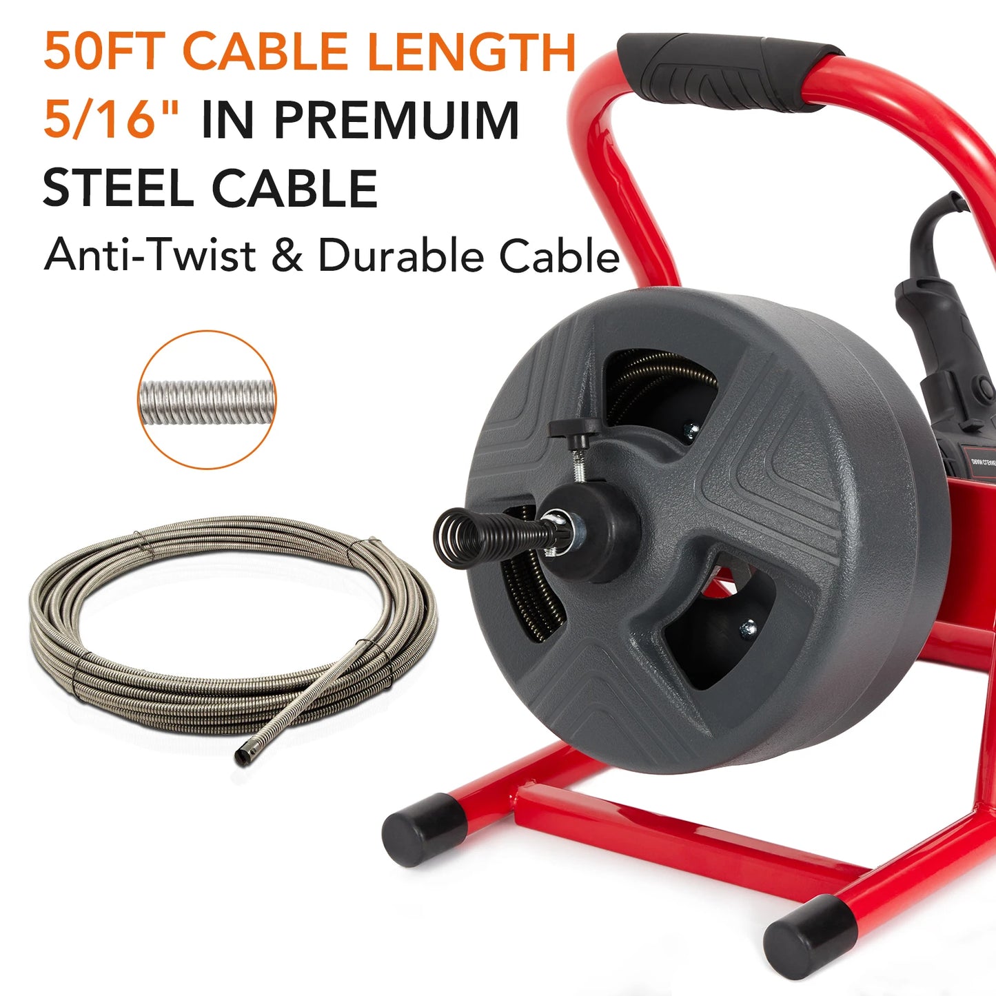 50Ft x 5/16, Drain Auger for 3/4 to 3 Inch Pipes