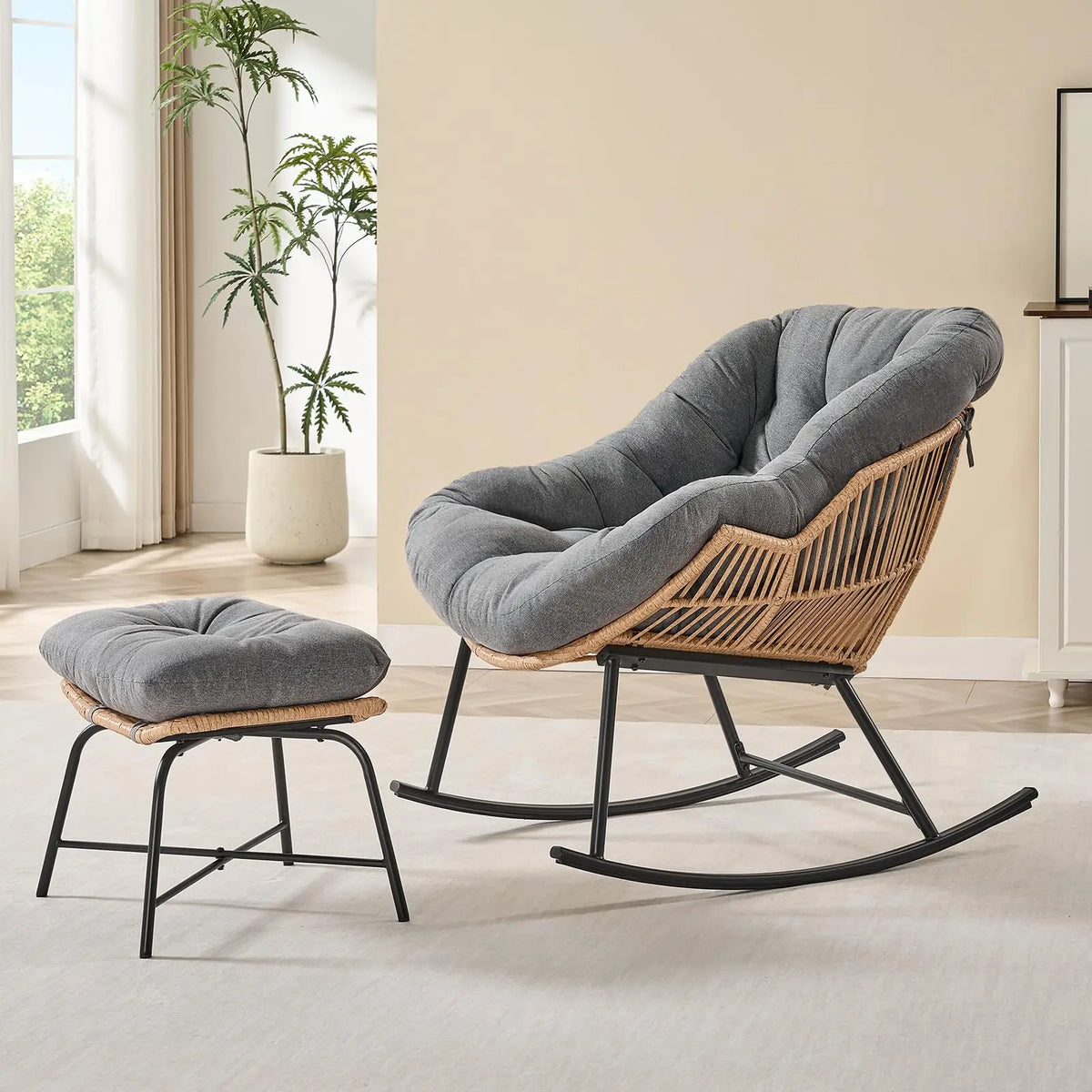 Rattan Papasan Rocking Chair with Ottoman