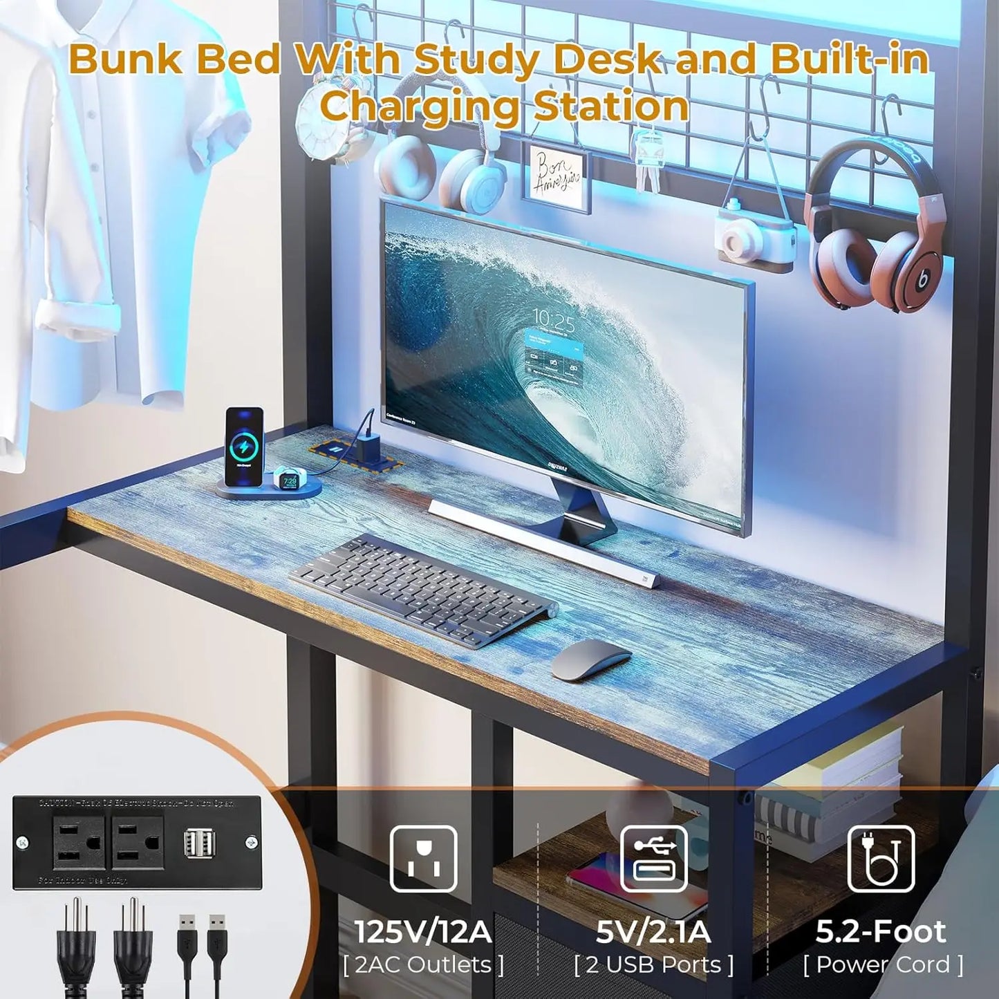 Bunk Bed Twin Over Twin Size with Desk and Charging Station