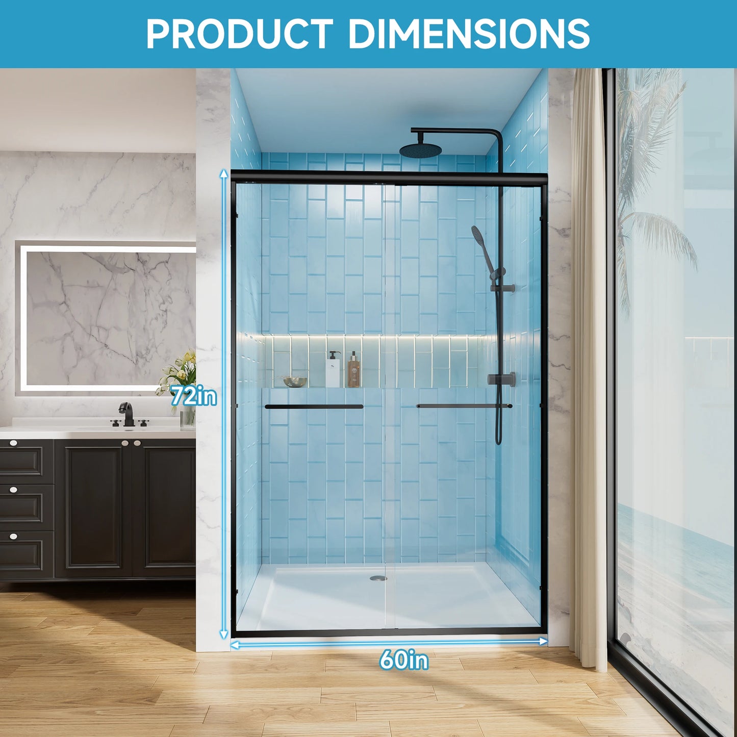 60" W x 72" H Matte Black Aluminum Frame Double Sliding Shower Door