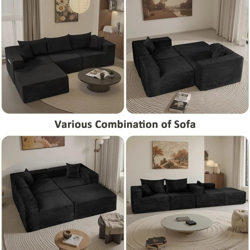 109" Modular Black Corduroy Sofa with Side Pocket – Space-Saving Sectional Couch for Living Room or Apartment