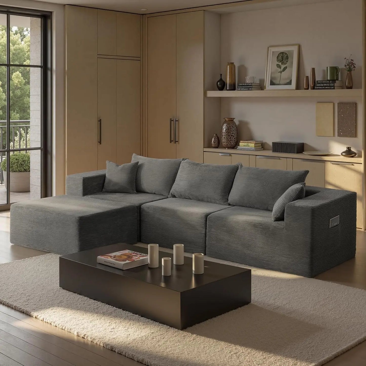 109" Modular Black Corduroy Sofa with Side Pocket – Space-Saving Sectional Couch for Living Room or Apartment