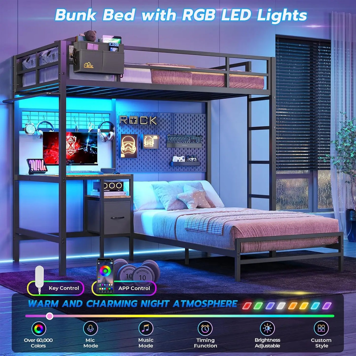 Bunk Bed Twin Over Twin Size with Desk and Charging Station