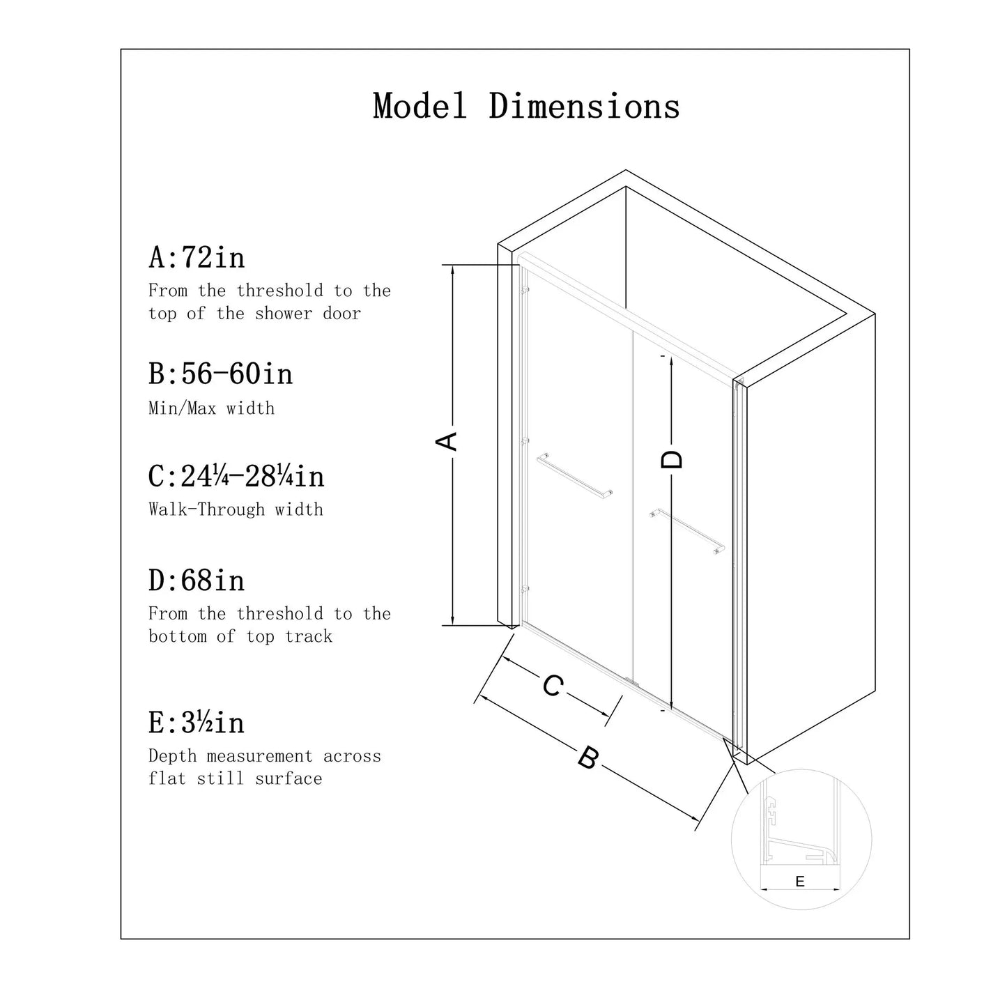 60" W x 72" H Matte Black Aluminum Frame Double Sliding Shower Door