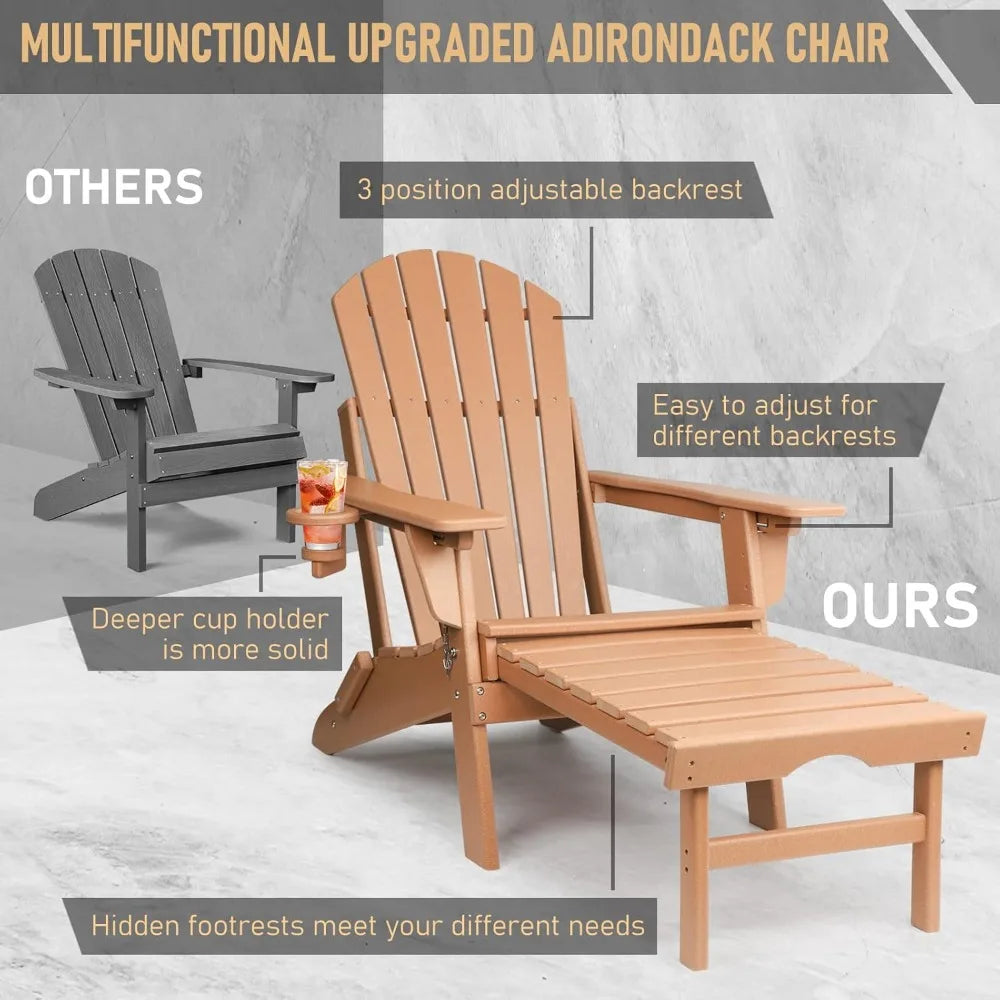Folding Adirondack Chairs Set of 2 with Retractable Ottoman