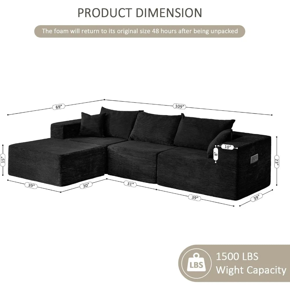 109" Modular Black Corduroy Sofa with Side Pocket – Space-Saving Sectional Couch for Living Room or Apartment