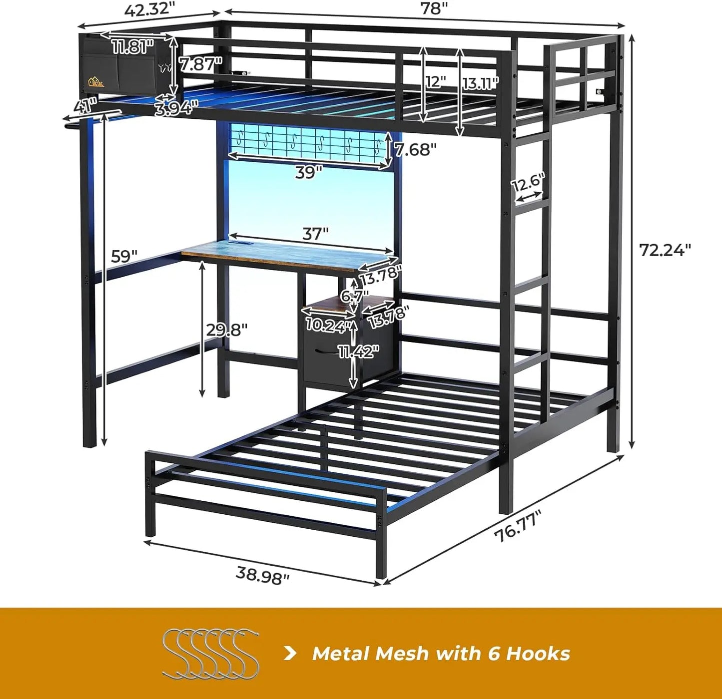 Bunk Bed Twin Over Twin Size with Desk and Charging Station
