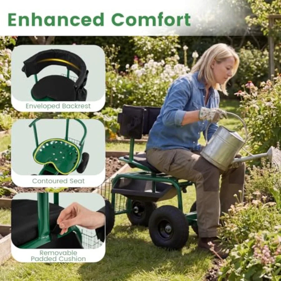 Gardening wagon scooter with 360 swivel workseat
