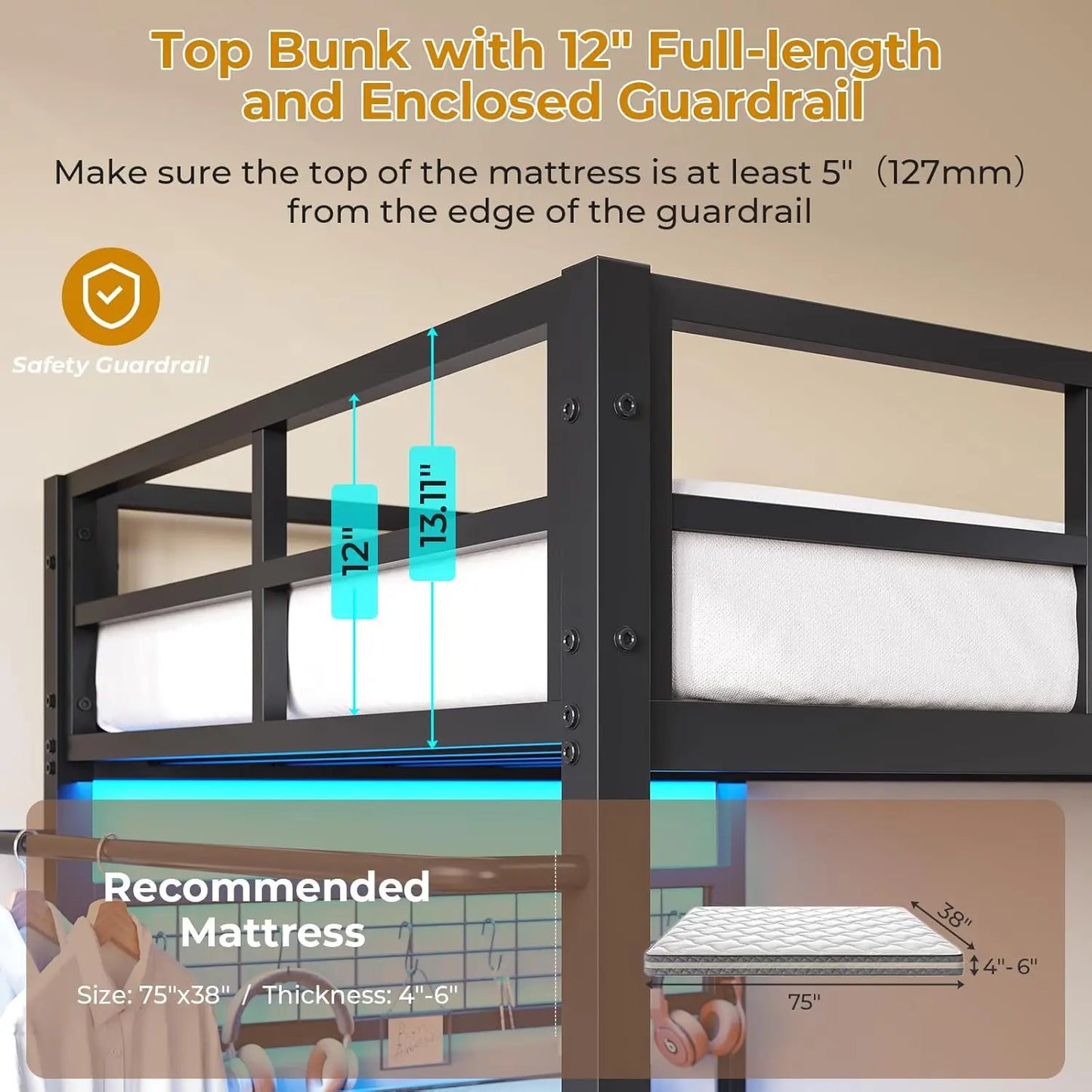 Bunk Bed Twin Over Twin Size with Desk and Charging Station