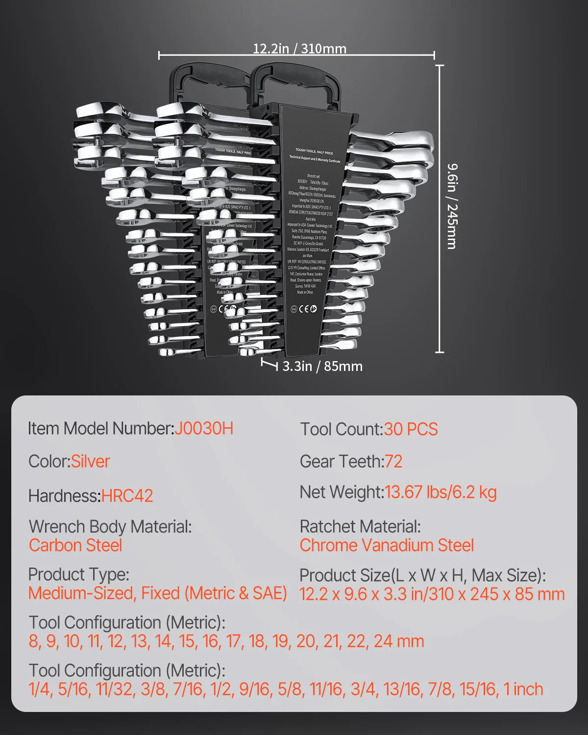 Combination Ratcheting Wrench Set with Organizer Rack SAE and Metric
