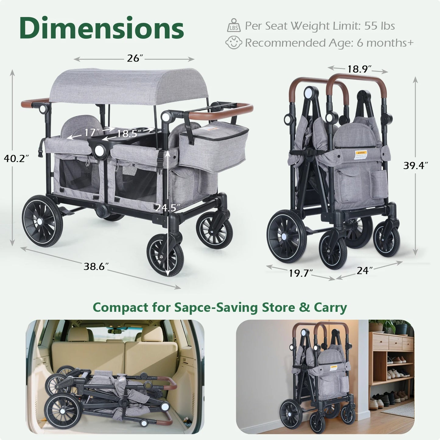Folding Wagon Stroller for 2 Kids