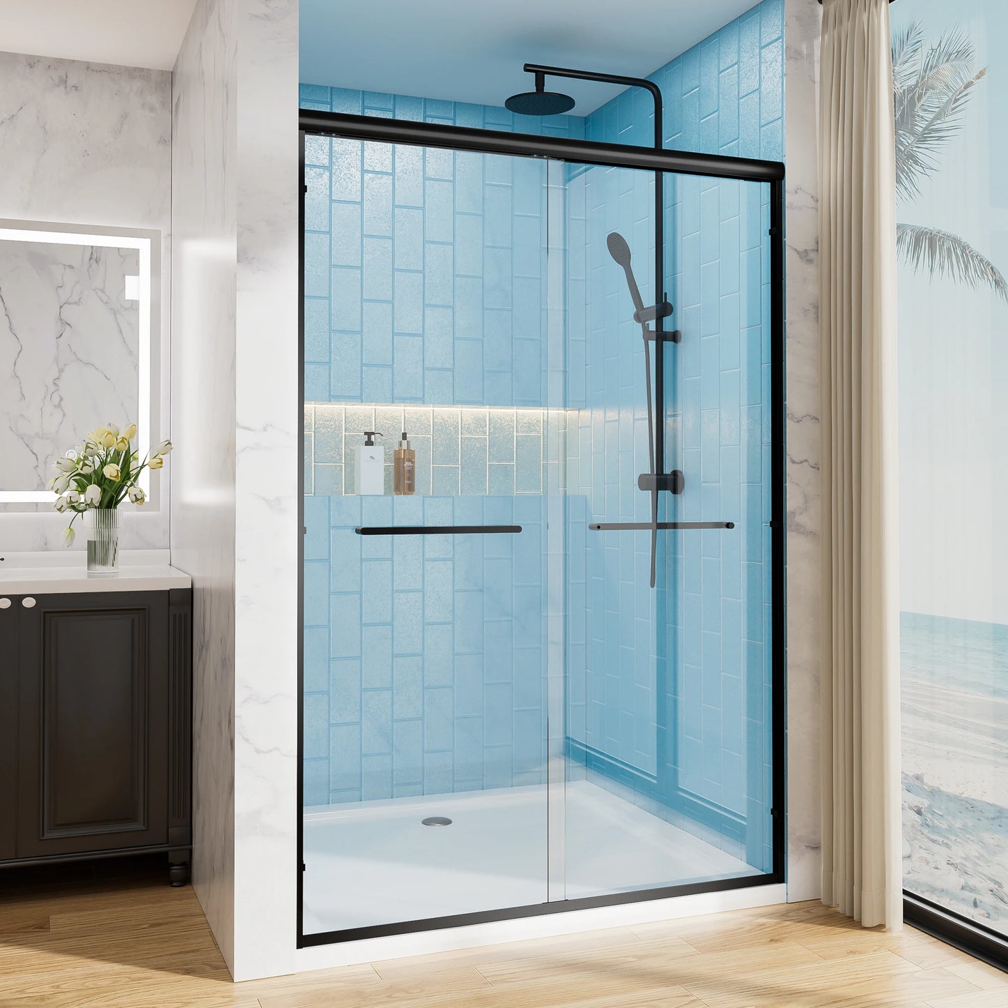60" W x 72" H Matte Black Aluminum Frame Double Sliding Shower Door