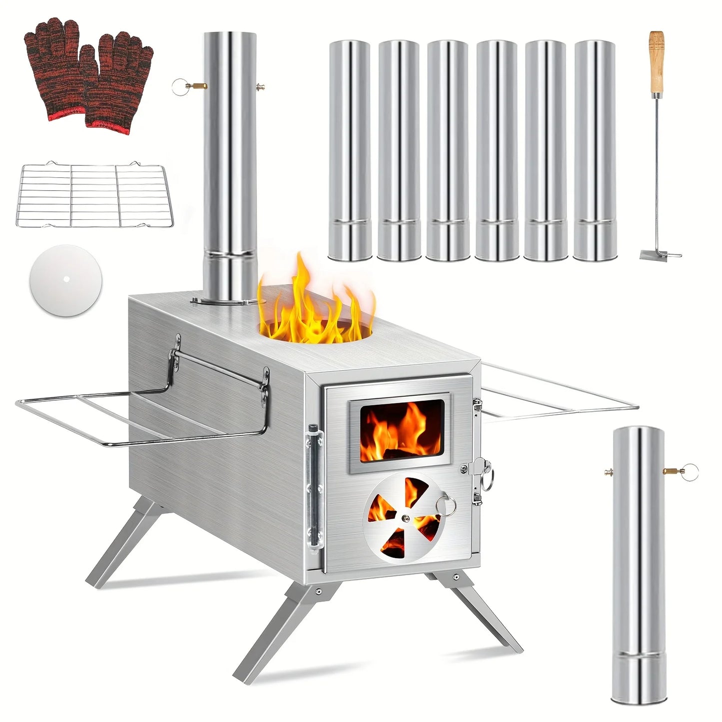 Portable Wood Burning Stove with Chimney Pipe