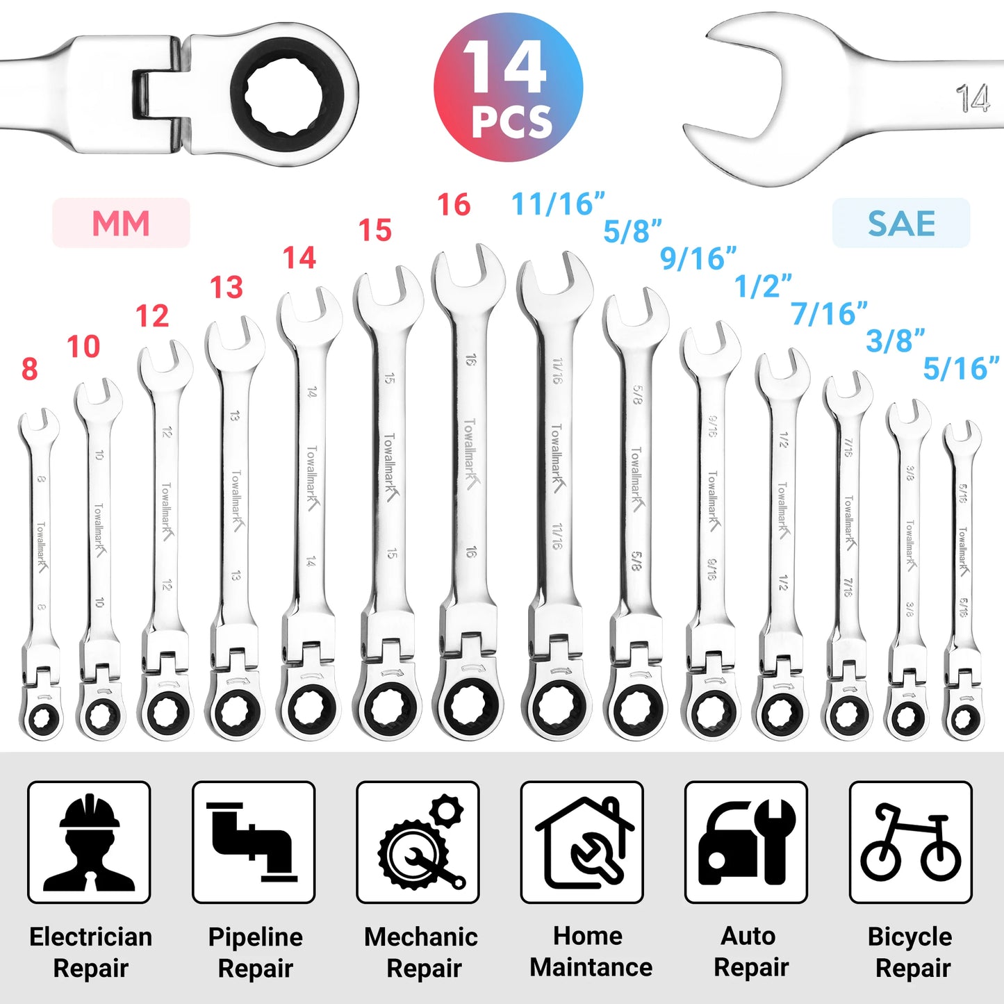14PCS Metric and Standard Combination Ratchet Wrench Set
