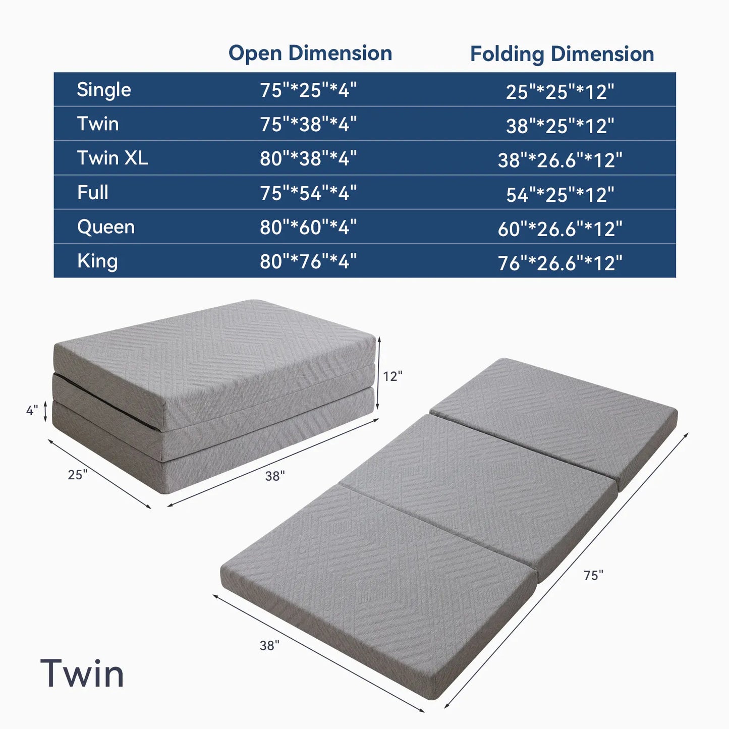 4 Inch Foldable Memory Foam Mattress with Bag