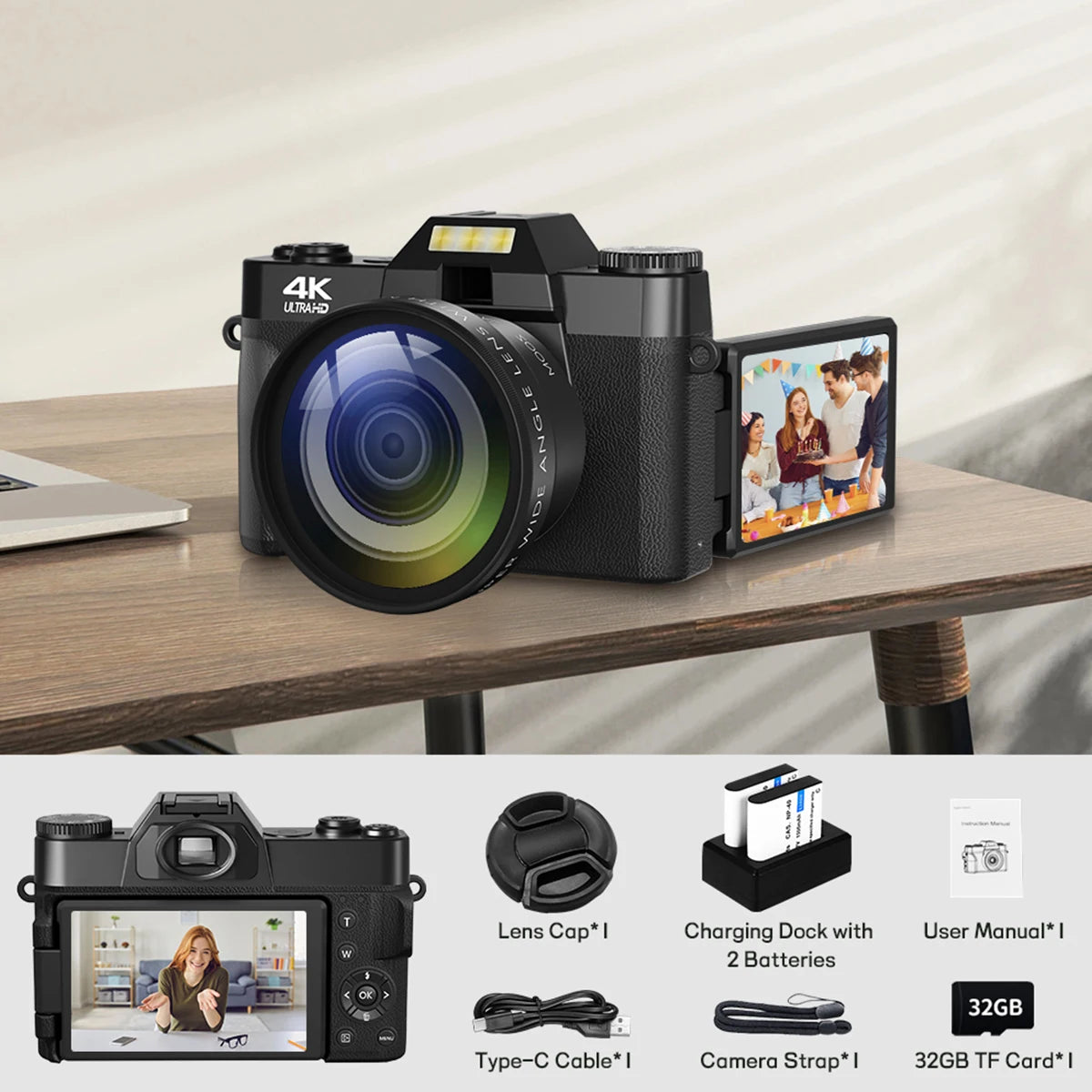 4K WIFI Webcam / Camcorder 3 Inch Flip Screen Wide Angle Lens