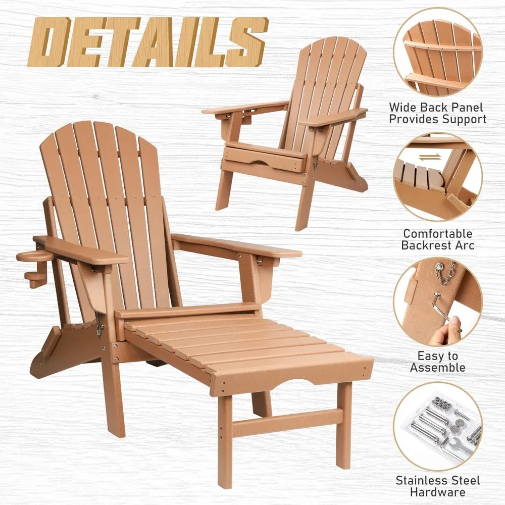 Folding Adirondack Chairs Set of 2 with Retractable Ottoman