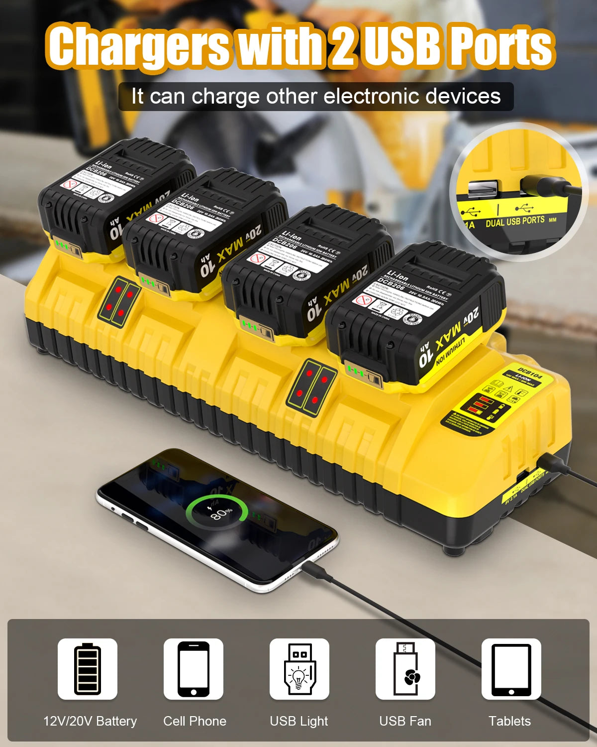 Replacement for Dewalt Battery Charger ,4 Port