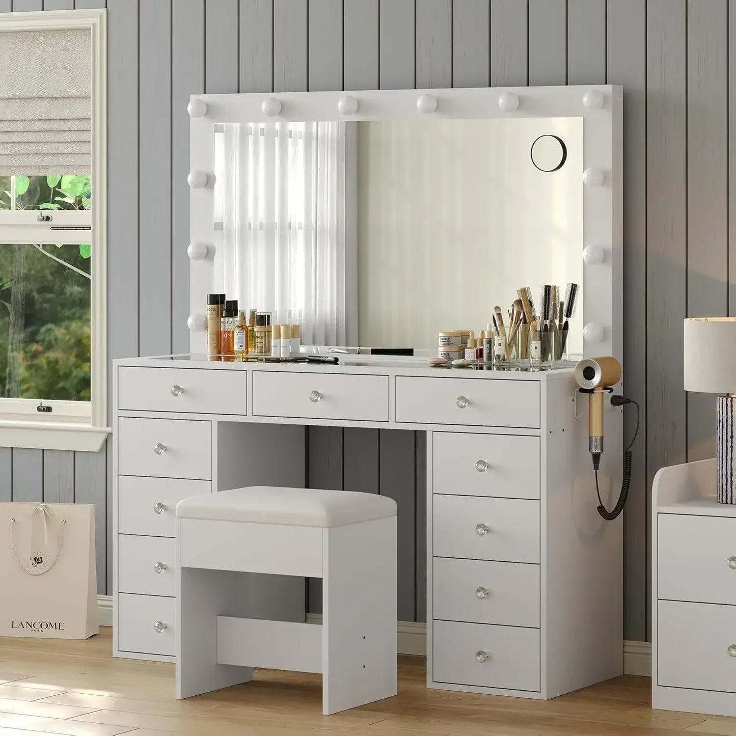 Vanity Desk with Power Outlet and Chair