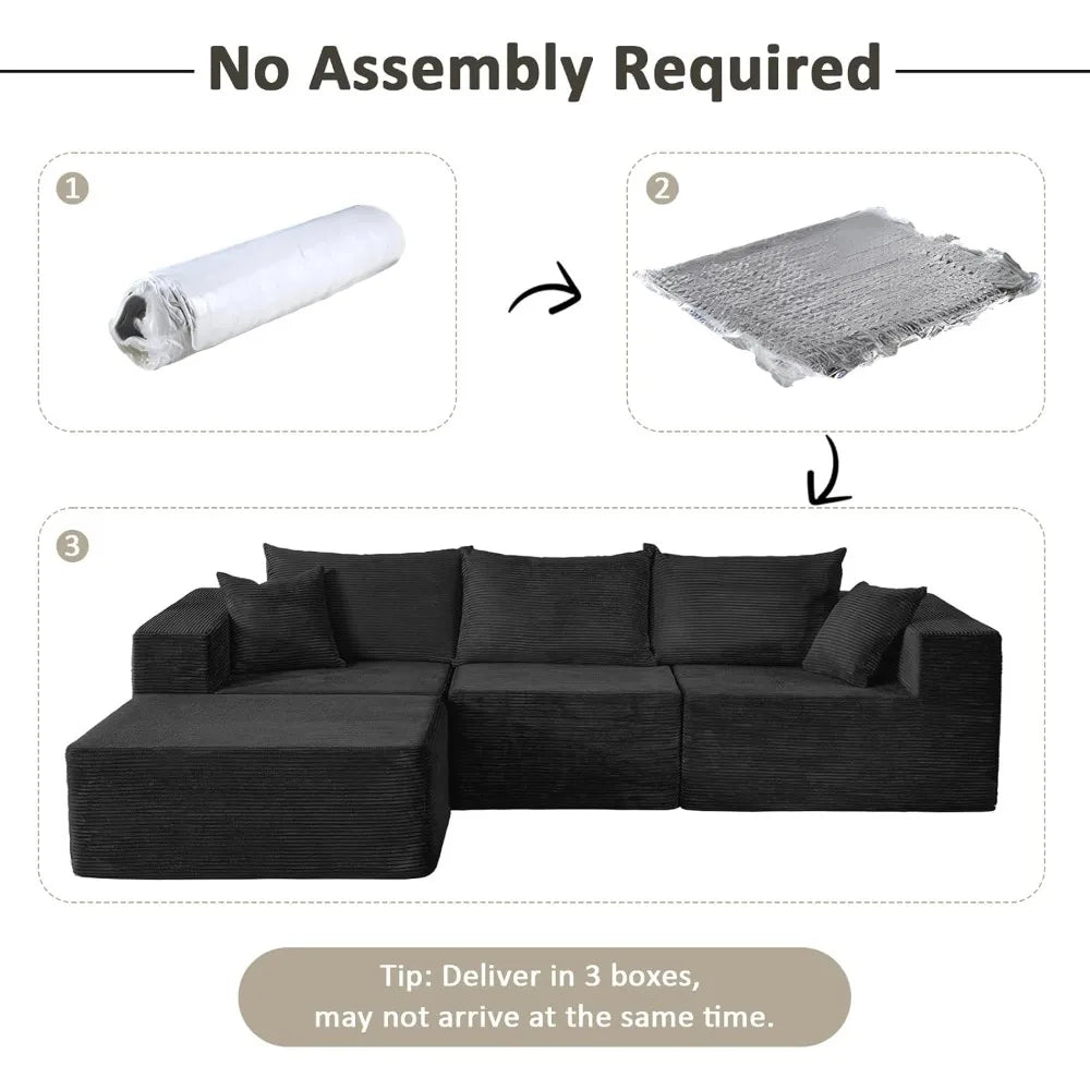 109" Modular Black Corduroy Sofa with Side Pocket – Space-Saving Sectional Couch for Living Room or Apartment