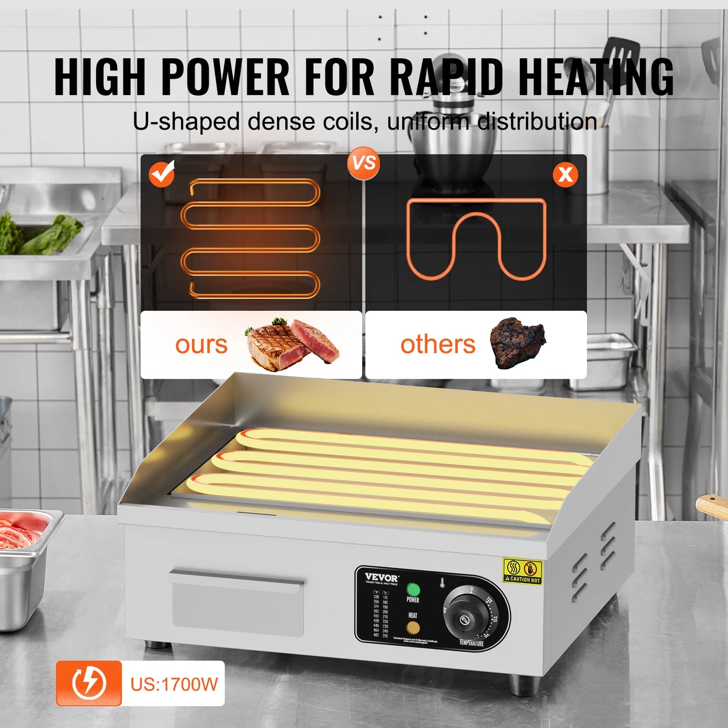 1700W Countertop Flat Top Grill Stainless Steel