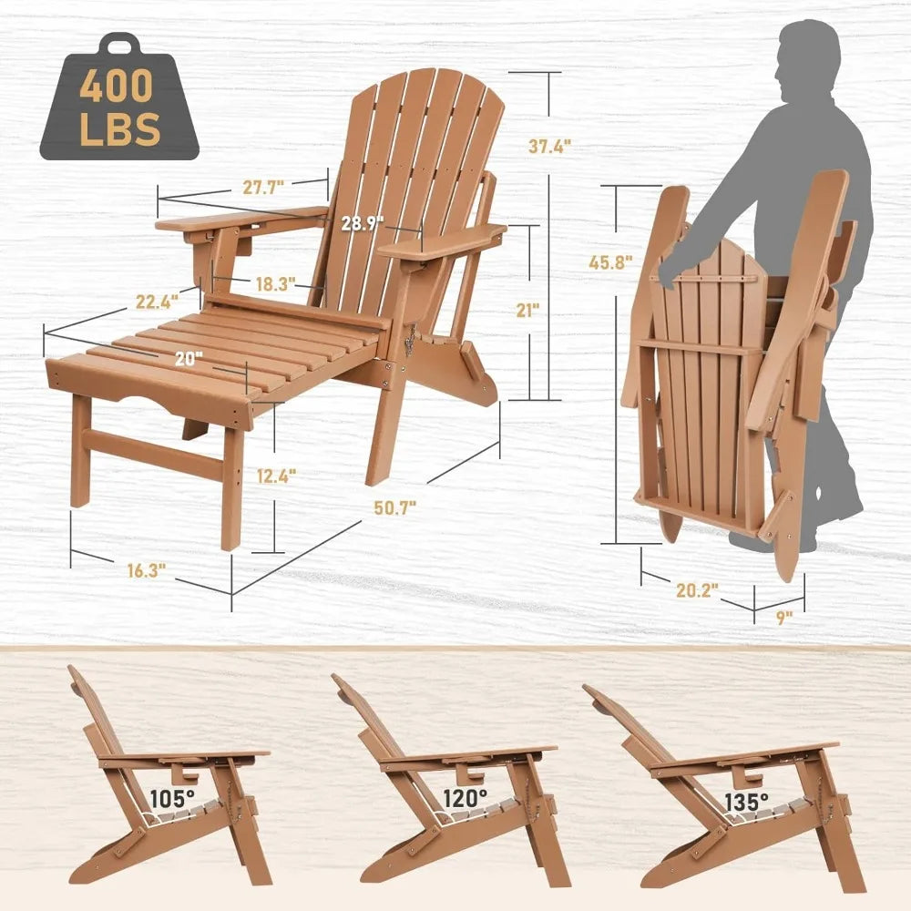 Folding Adirondack Chairs Set of 2 with Retractable Ottoman