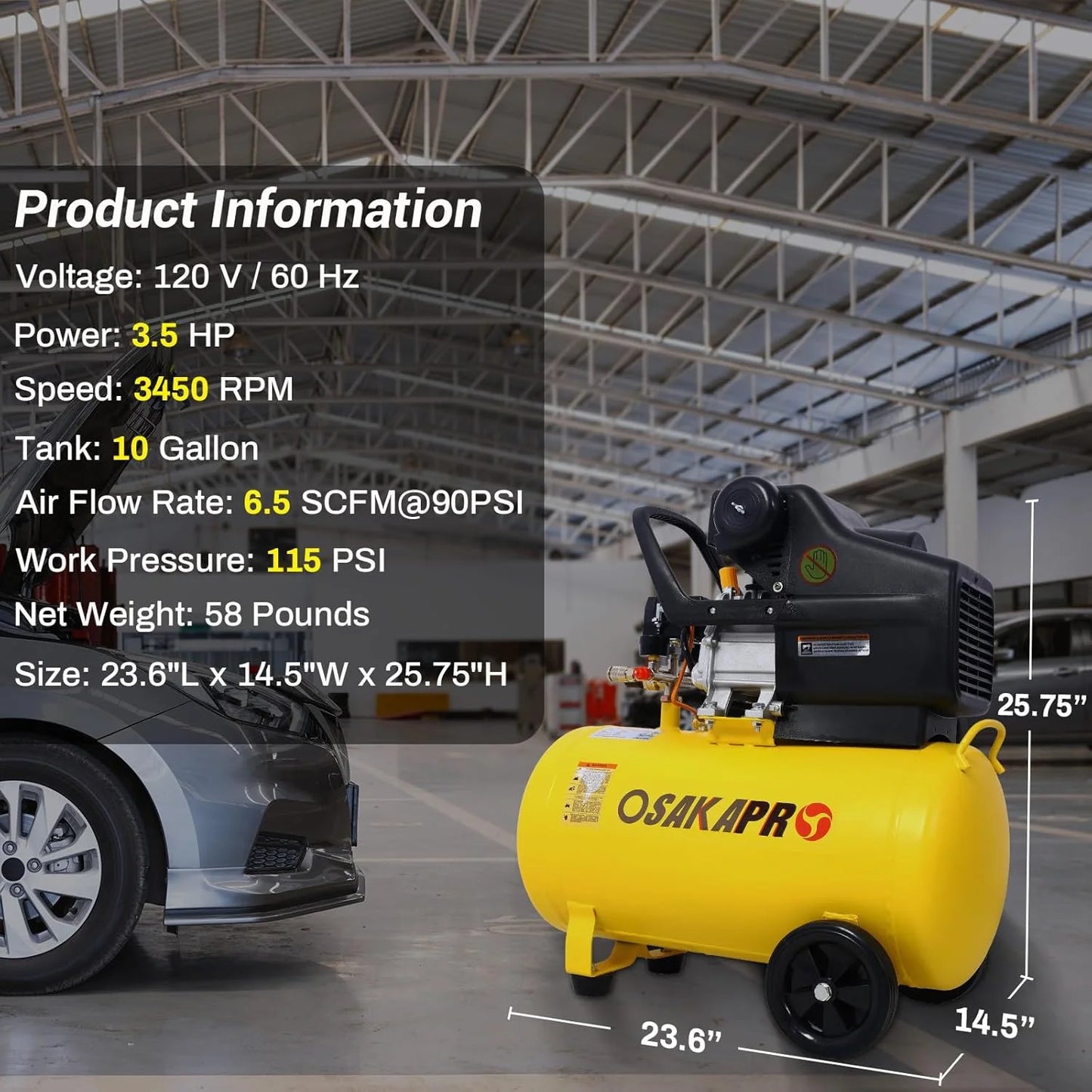 10 Gallon Air Compressor, 3.5HP 6.5CFM 115PSI
