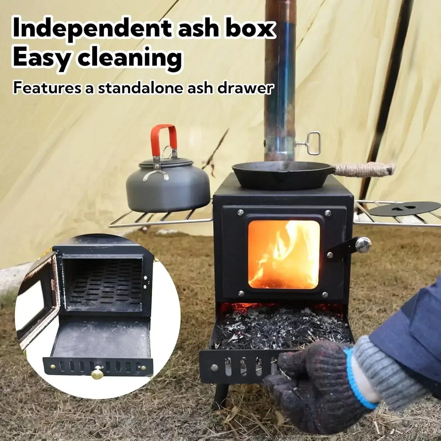 Portable Folding Wood Burning Camping Stove - Includes Chimney Pipes and Spark Arrestor