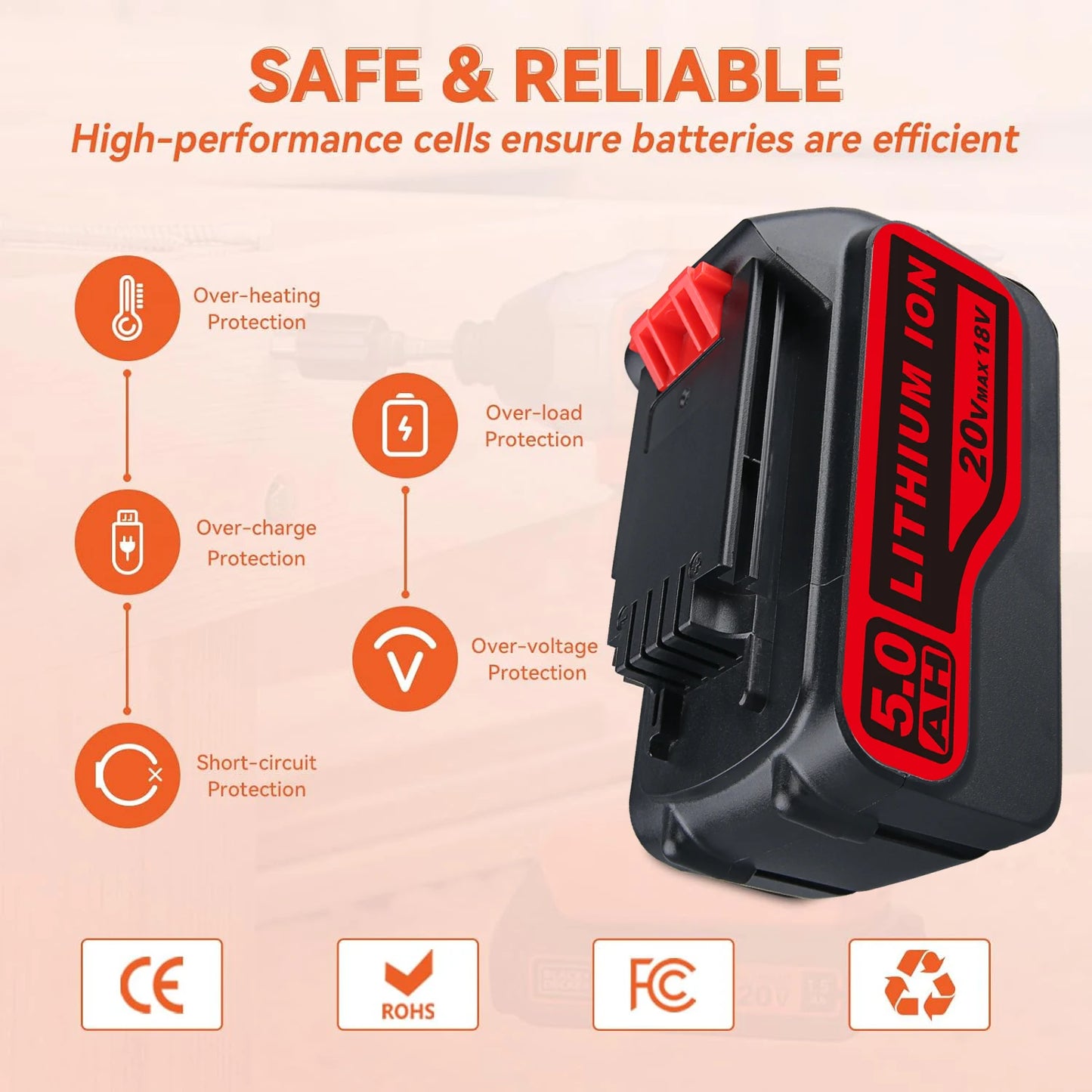 20V 5.0Ah Lithium Max Battery Replace for Black and Decker