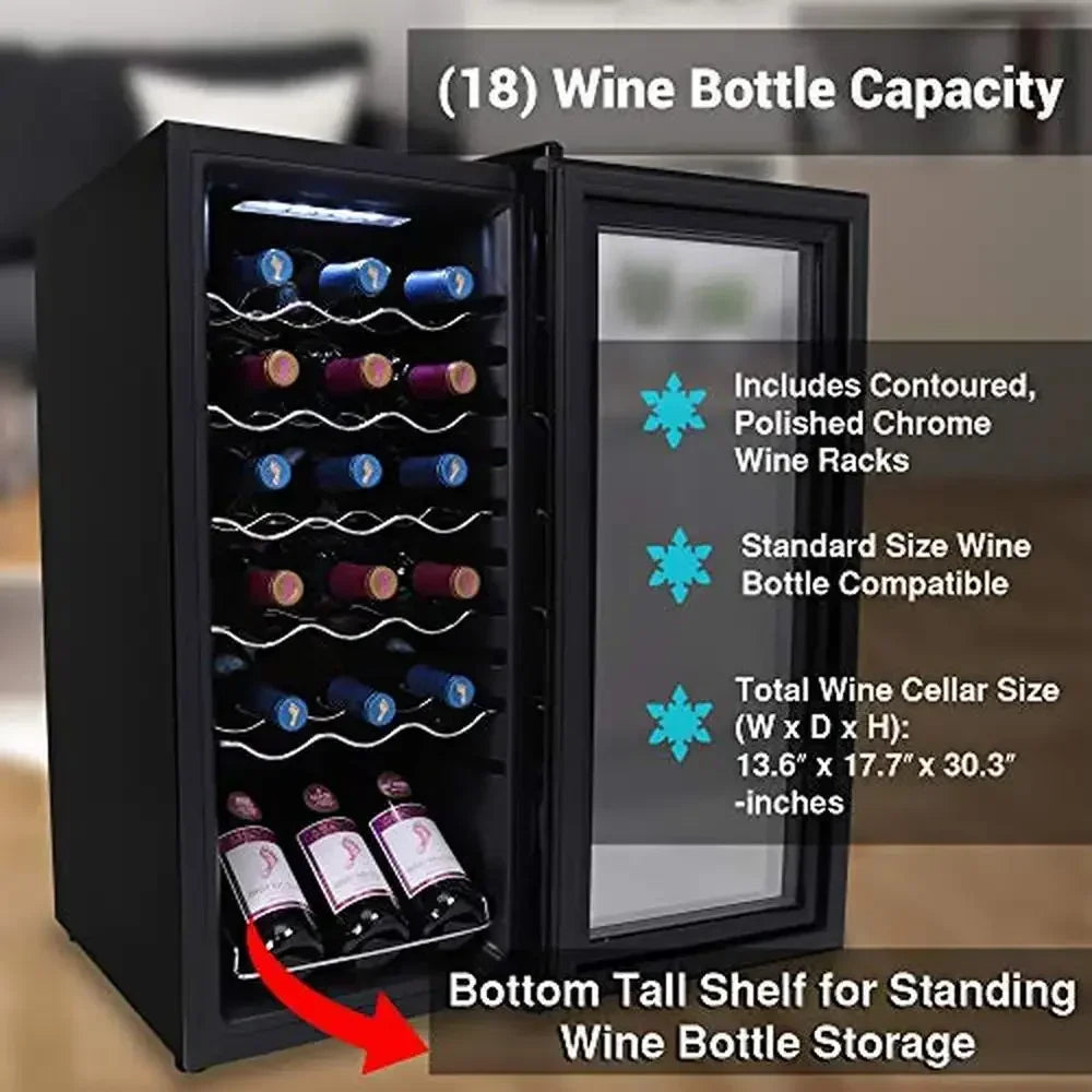 Wine Cooler Refrigerator 18-Bottle Fridge Air-Tight Glass Door Touch Screen Temperature Control Freestanding Easy Access Compact