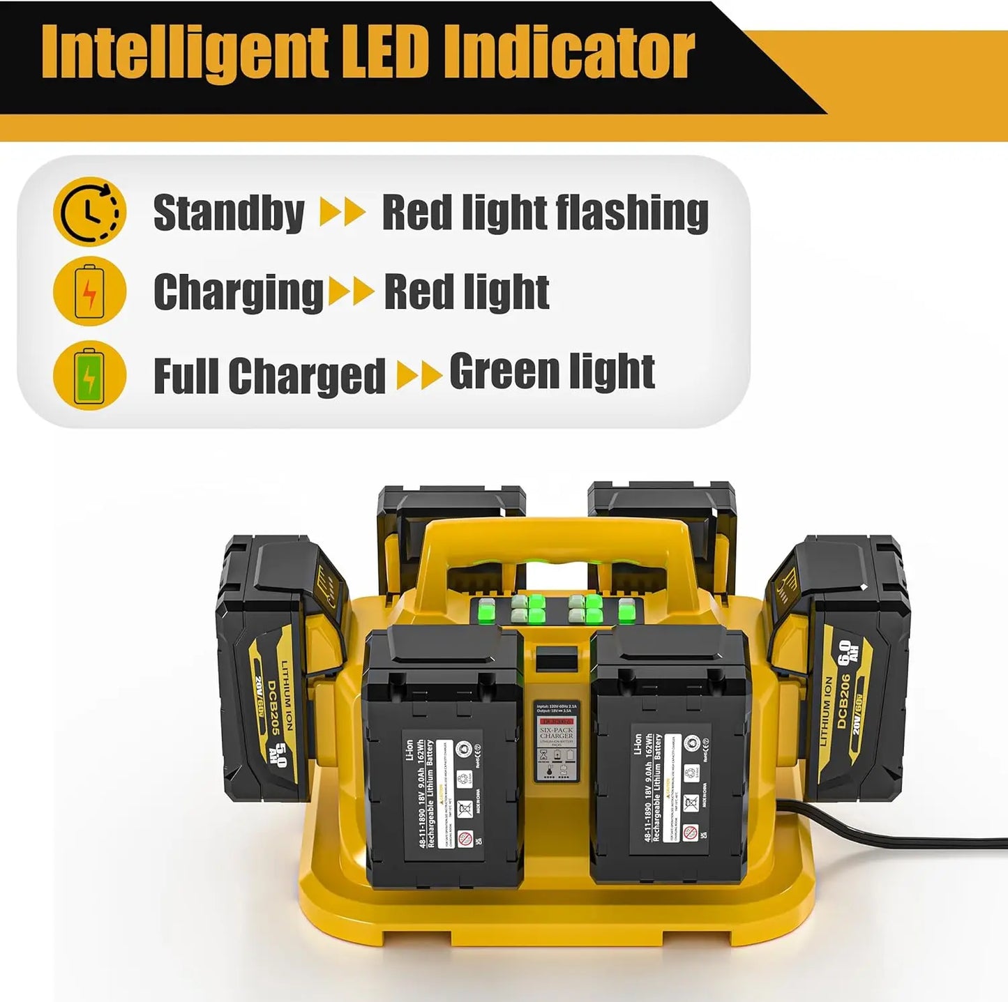 6-Ports for Dewalt Battery Charger, 20V/60Vr,Compatible with DCB200,DCB203,DCB204