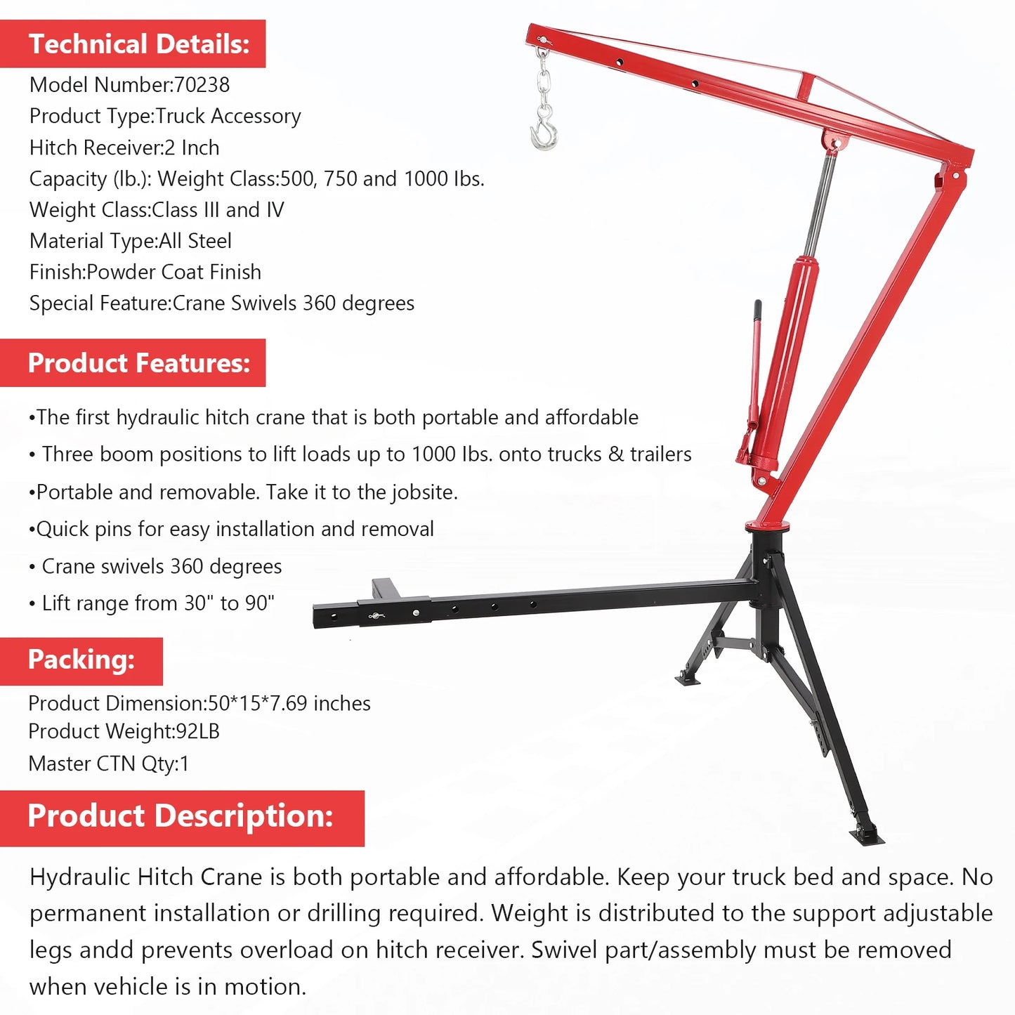 1000 lbs Hydraulic Truck Crane