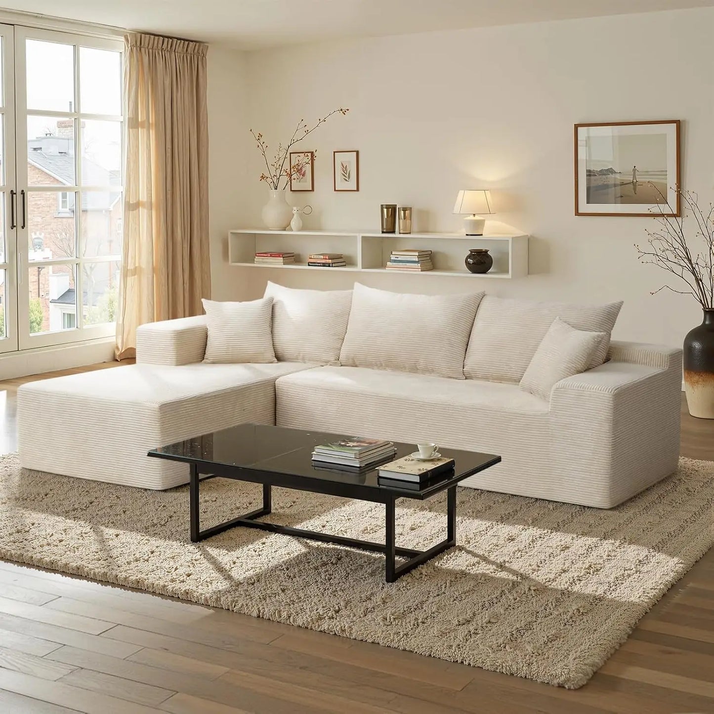 109" Modular Black Corduroy Sofa with Side Pocket – Space-Saving Sectional Couch for Living Room or Apartment