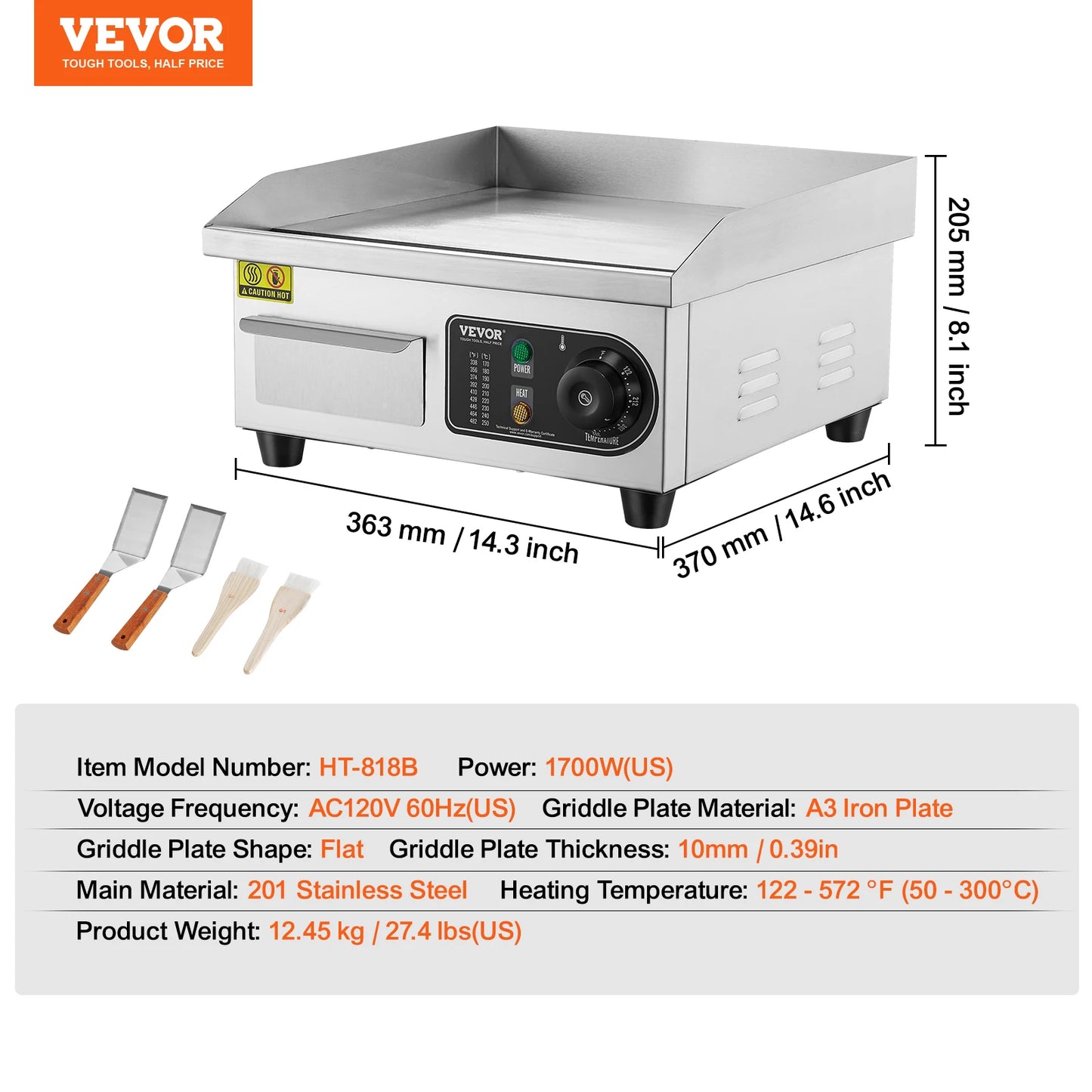 1700W Countertop Flat Top Grill Stainless Steel