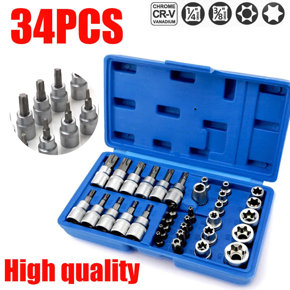 34PCS Torx Bit Socket Set 1/2” 1/4“ 3/8” Drive Male/Female