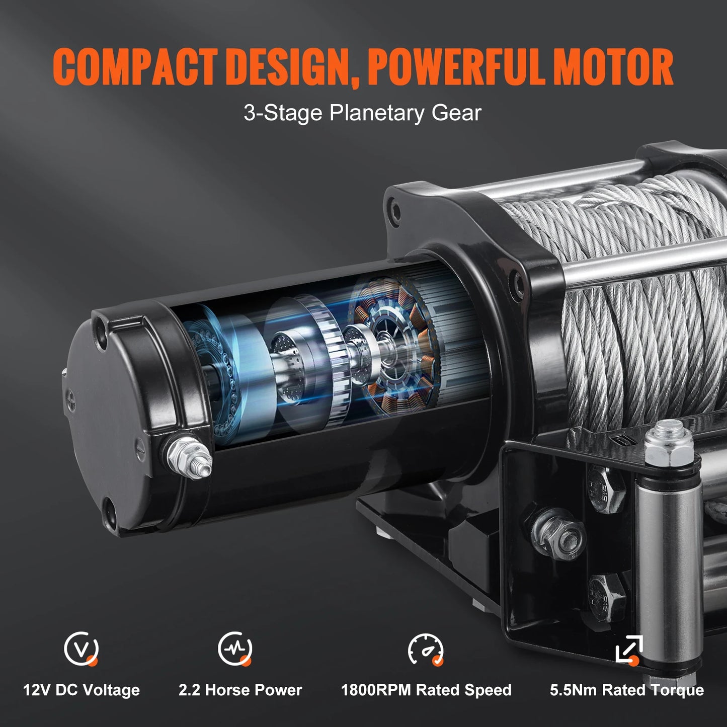 12V 4500 lb Load Capacity Steel Rope Winch